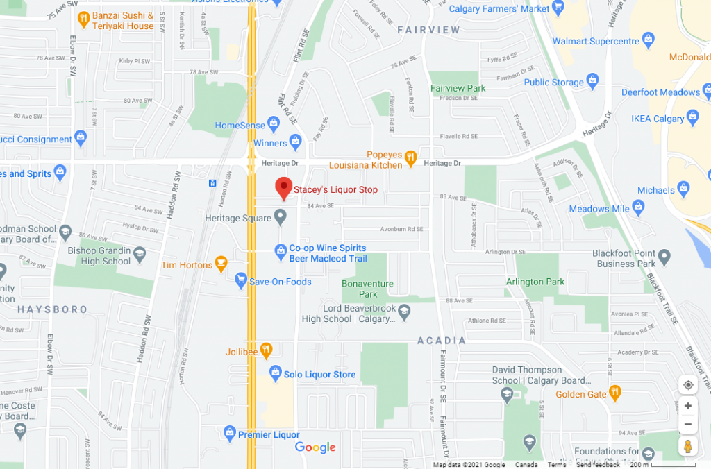 https://www.google.com/maps/place/Stacey's+Liquor+Stop/@50.9772691,-114.0762021,15z/data=!4m5!3m4!1s0x0:0xddb5974d83b952cf!8m2!3d50.9779716!4d-114.0695073